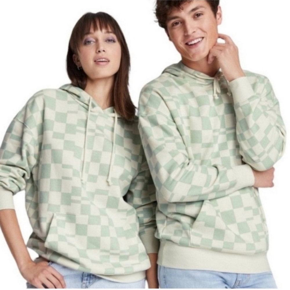 Wild Fable Mint Green and Cream Oversized Checkered Hoodie Women’s Size Large